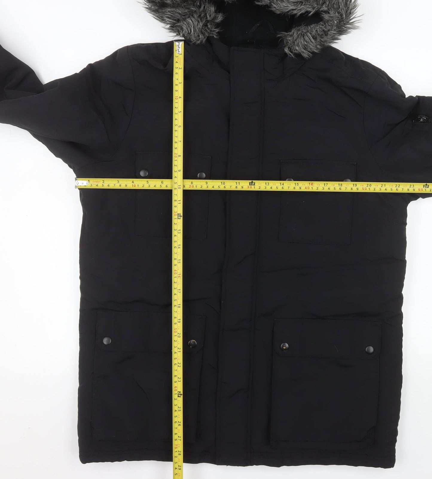 ACW85 Men's Black Faux Fur Hooded Parka Jacket Medium Winter Warm