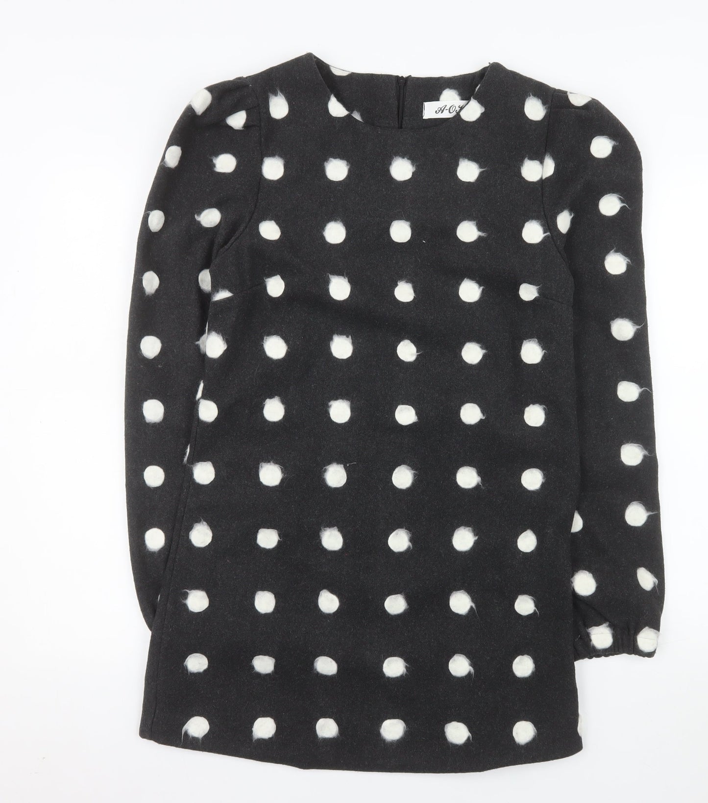 A-OK Women Black Polka Dot Wool Shift Dress S Long Sleeve