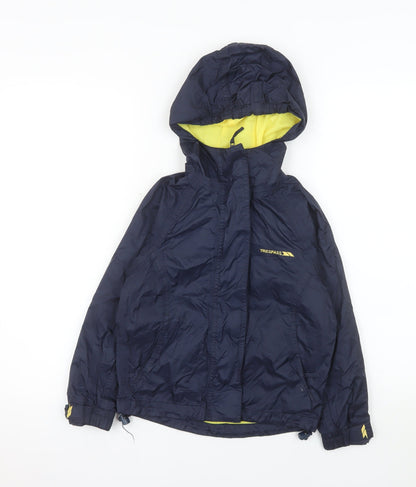 Additional front view of Trespass boys’ blue waterproof hooded rain jacket 5-6 years windproof coat