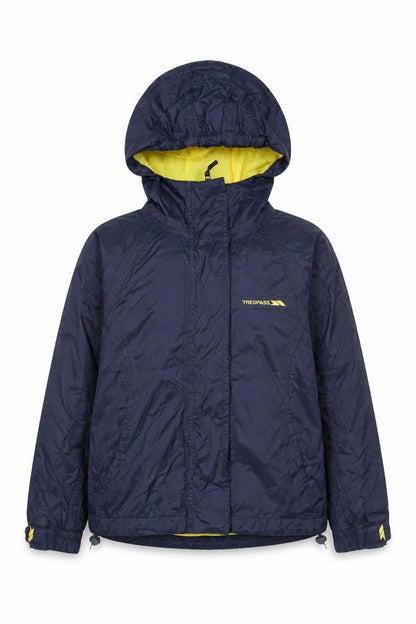 Front view of Trespass boys’ blue waterproof hooded rain jacket 5-6 years windproof coat