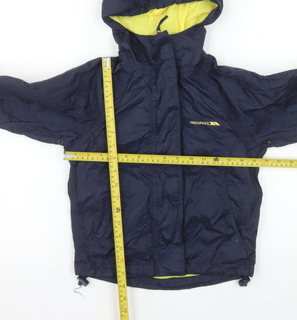 Back view of Trespass boys’ blue waterproof hooded rain jacket 5-6 years windproof coat