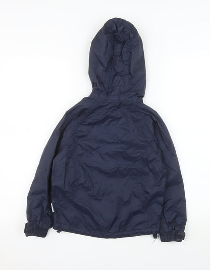 Close-up detail of Trespass boys’ blue waterproof hooded rain jacket 5-6 years windproof coat