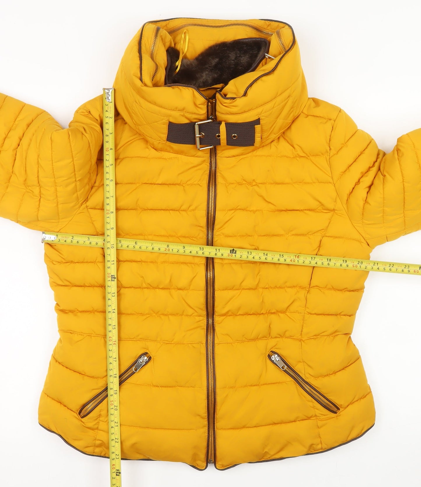 Zara Womens Yellow Belted Puffer Jacket Size 18 Polyester Winter Coat