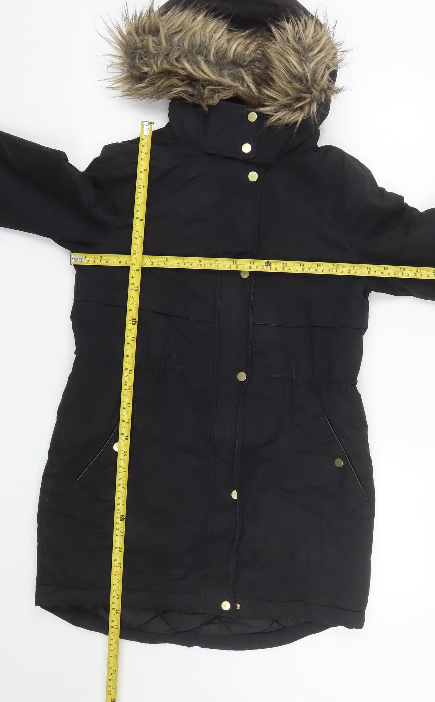 Oasis Women’s Black Fur Trim Parka Coat XS Long Hooded Winter Warm