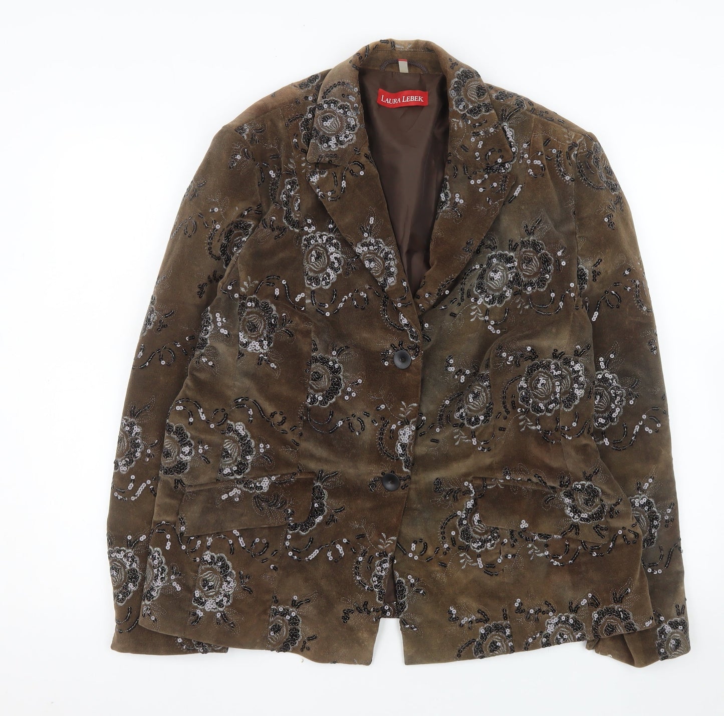Laura Lebek Women's Brown Floral Velvet Blazer Size 18 Lined Single Breasted