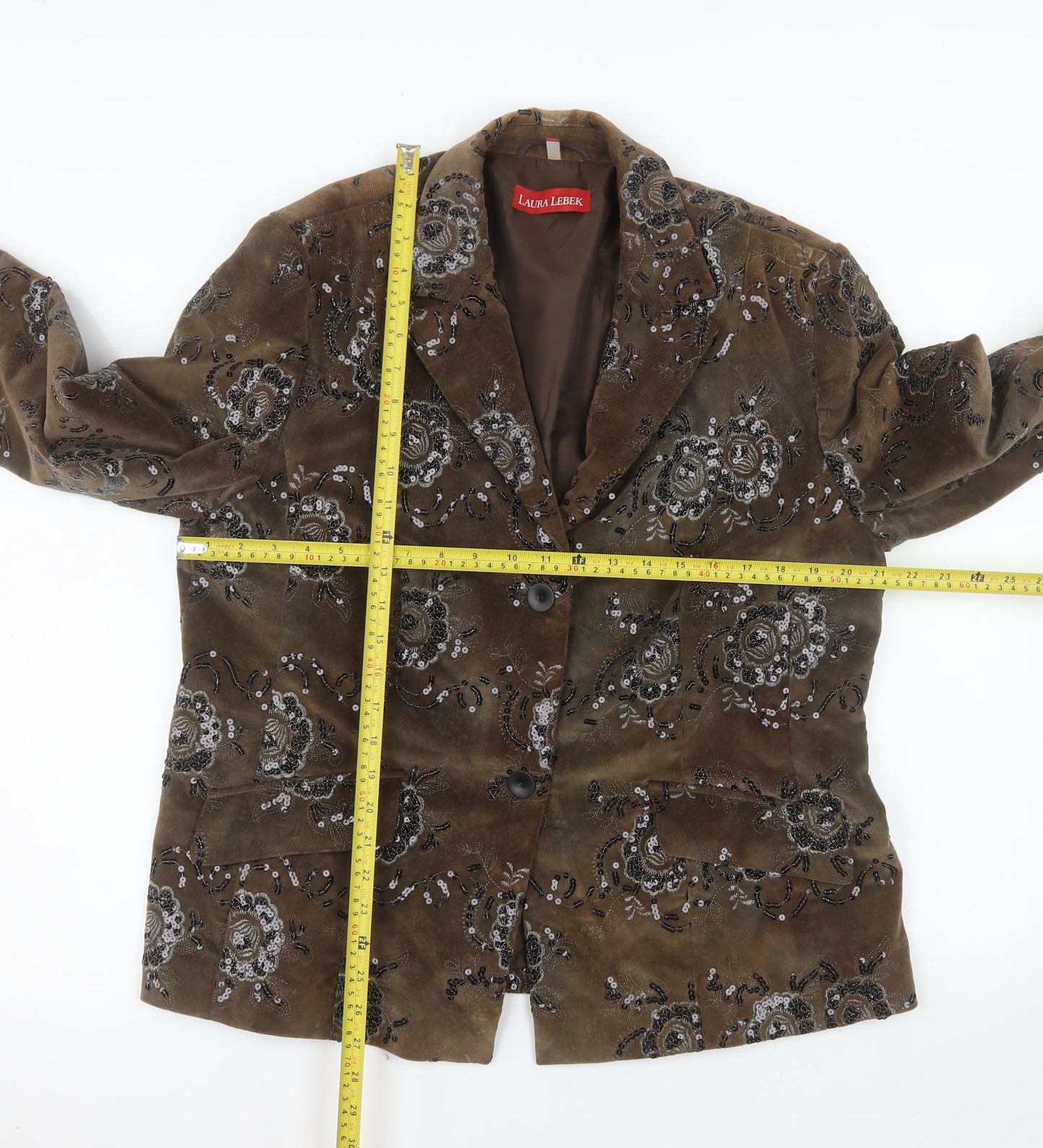 Laura Lebek Women's Brown Floral Velvet Blazer Size 18 Lined Single Breasted
