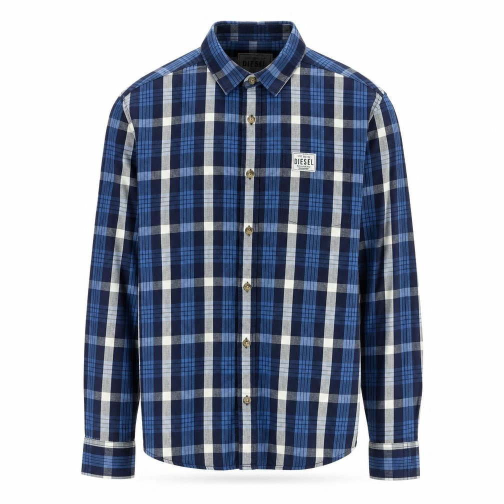 Diesel Men's Blue Checked Cotton Long Sleeve Button-Up Shirt M