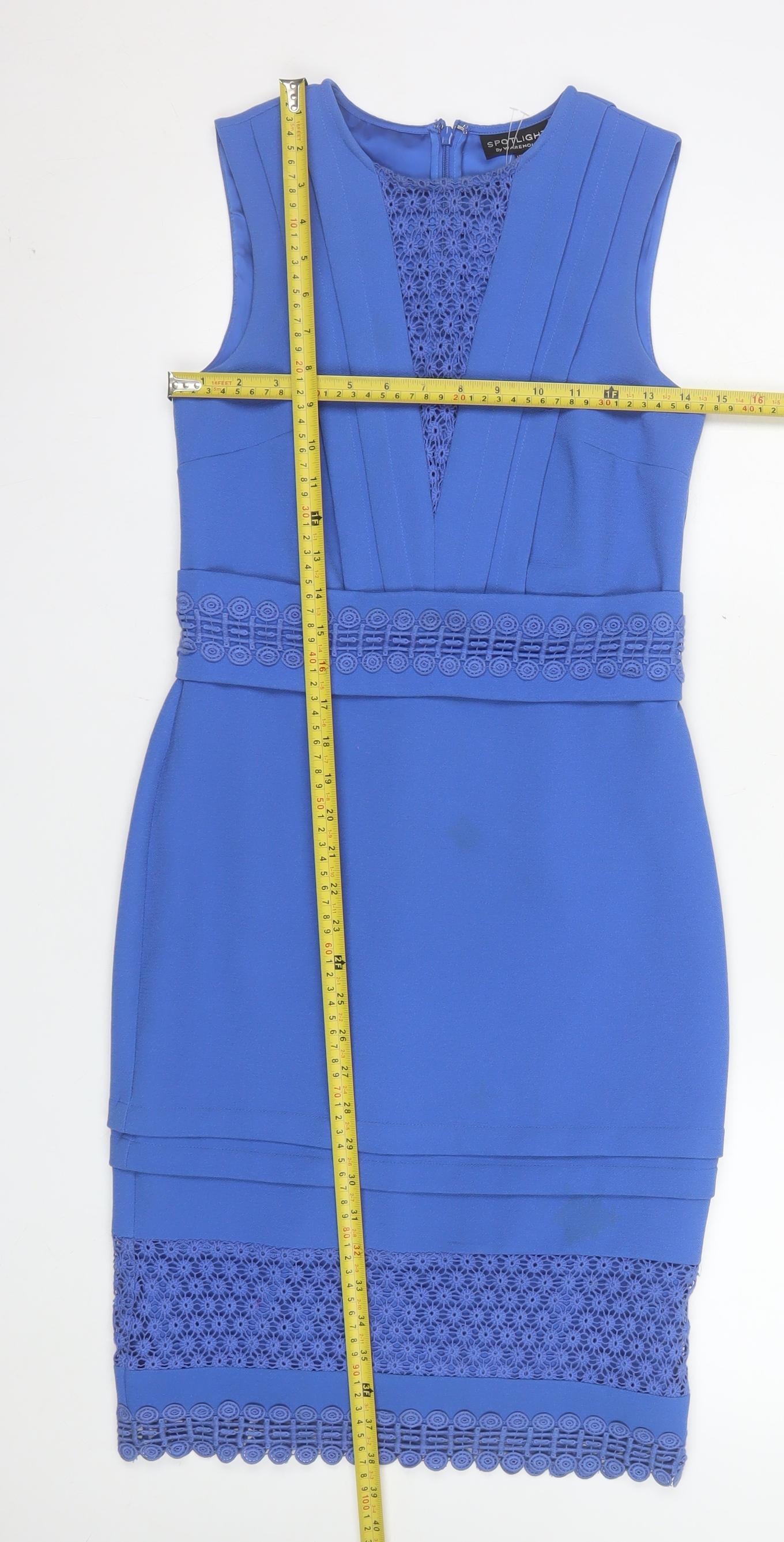 Warehouse Women's Blue Lace Panel Sleeveless Sheath Dress UK 8