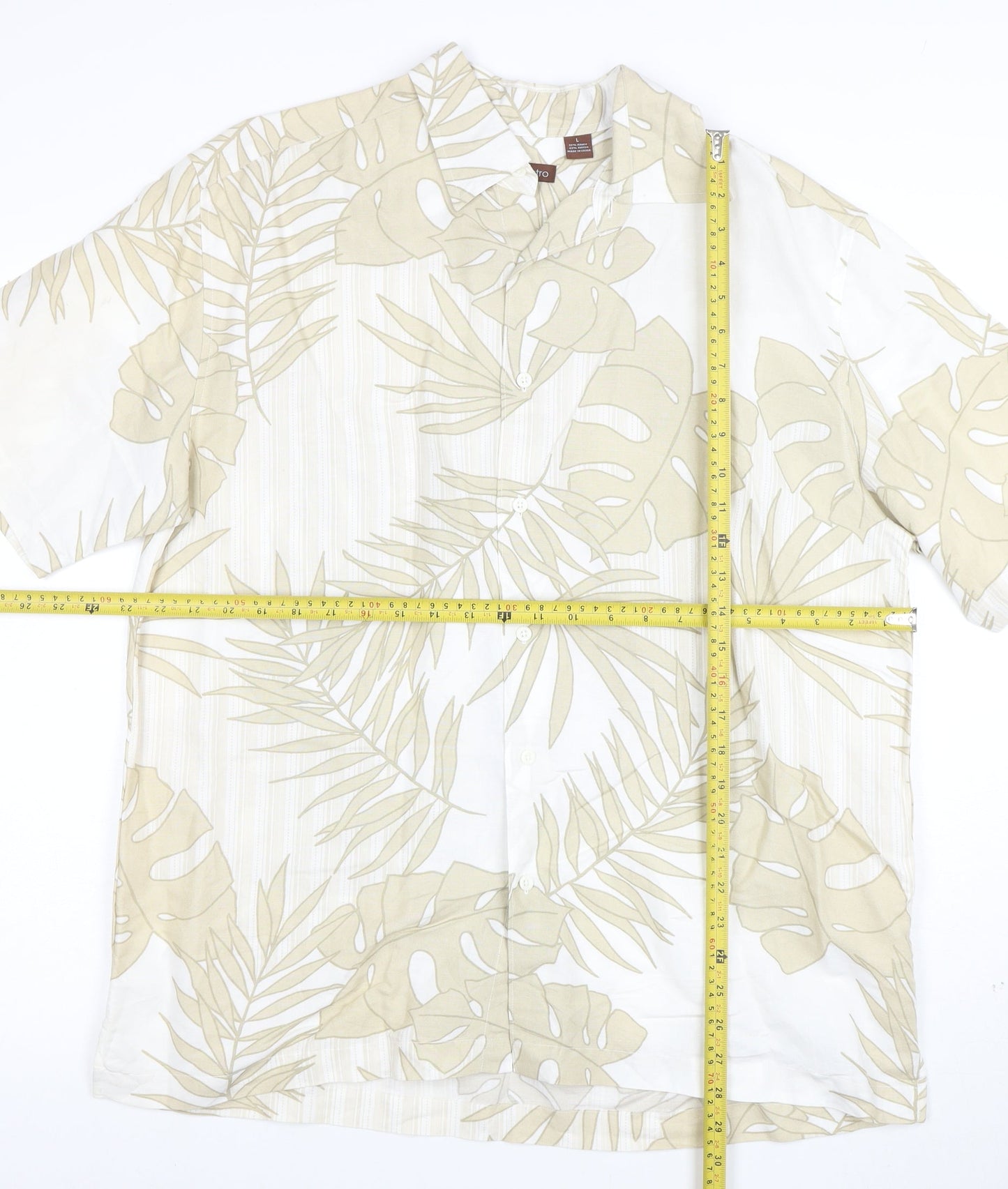 Centro Men's Beige Tropical Leaf Short Sleeve Button-Up Shirt L