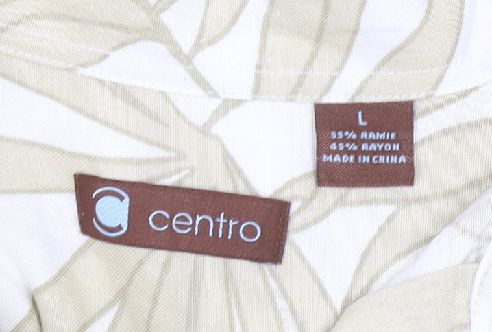 Centro Men's Beige Tropical Leaf Short Sleeve Button-Up Shirt L