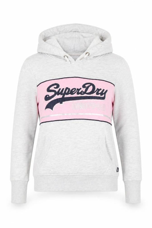 Superdry Womens Grey Pink Pullover Hoodie Size 10 Cotton Blend