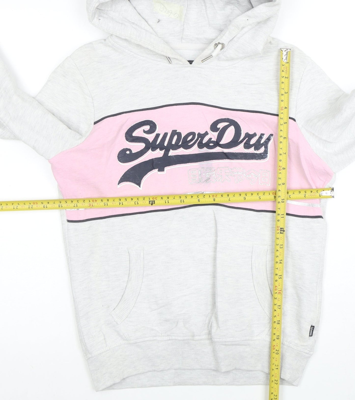 Superdry Womens Grey Pink Pullover Hoodie Size 10 Cotton Blend