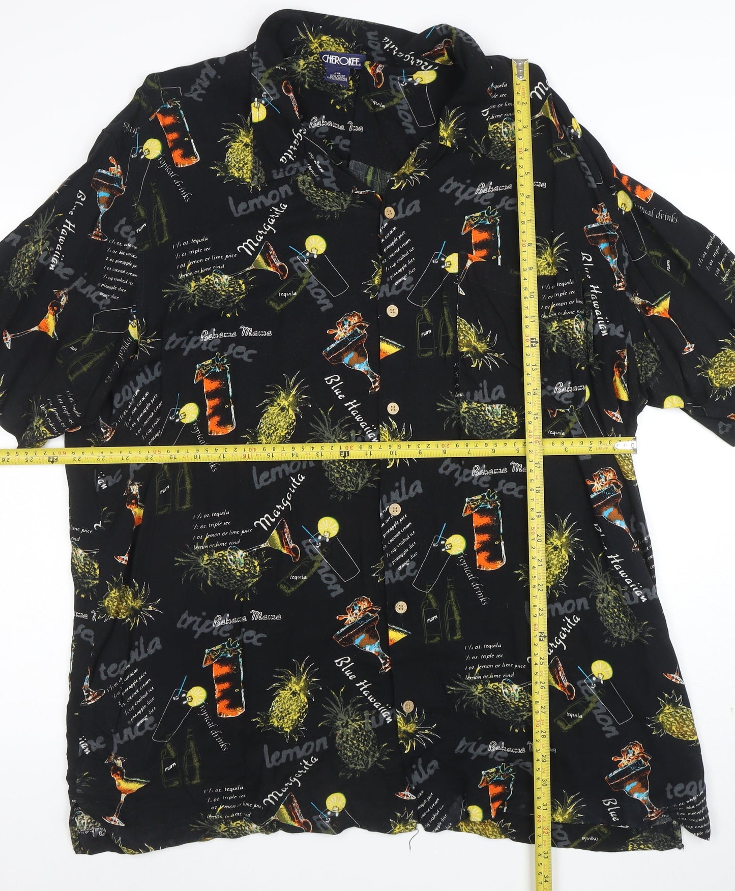 Cherokee Men's Black 2XL Hawaiian Button-Up Shirt Tropical Drinks Print