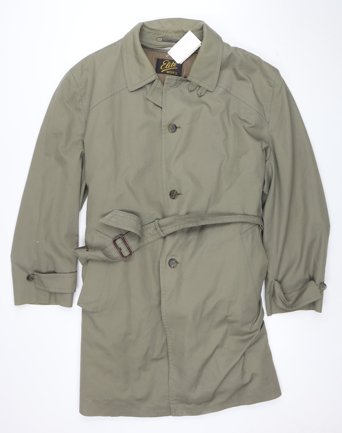 Elite Model Men's Green 44in Belted Trench Coat Cotton Blend