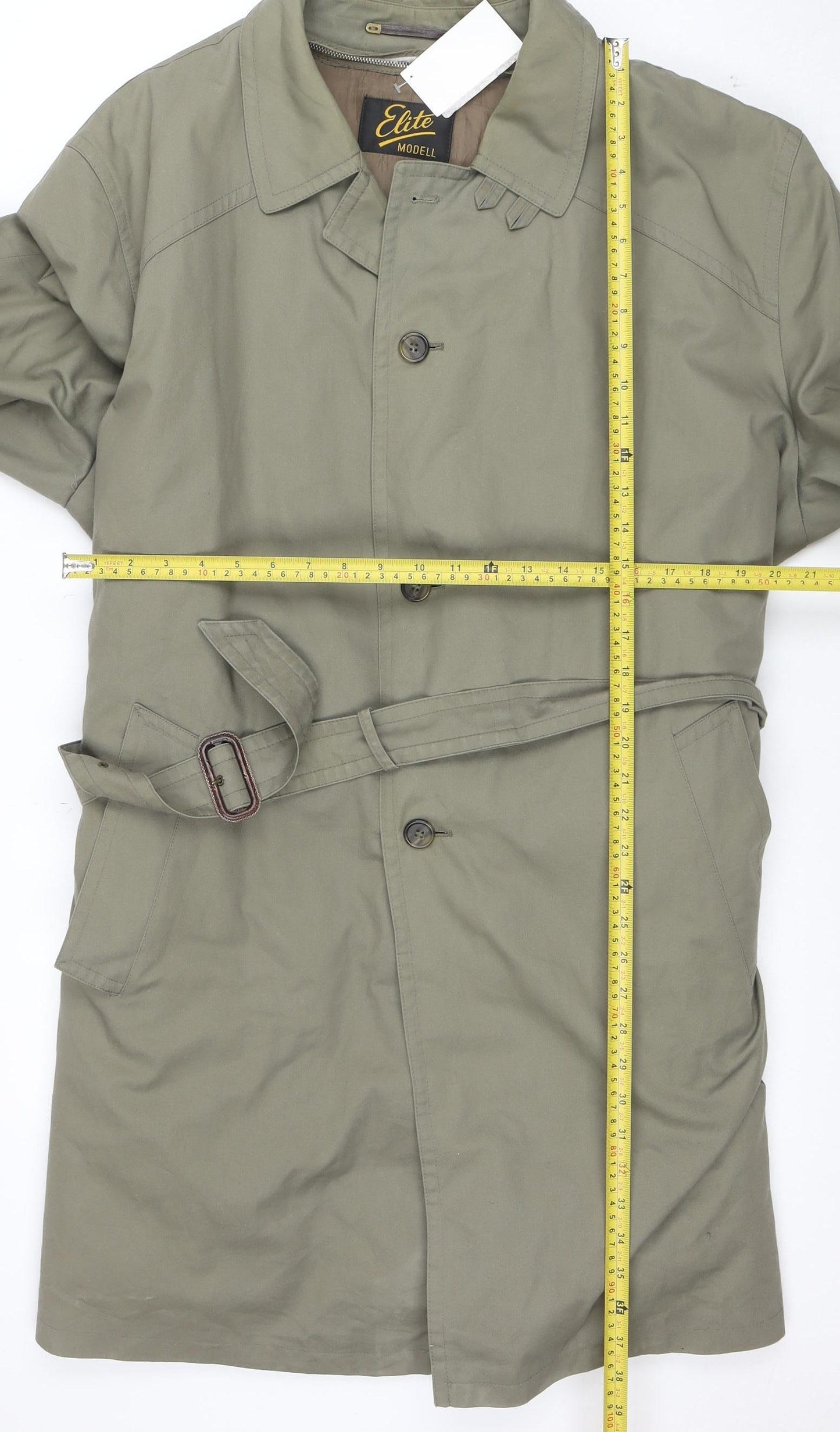 Elite Model Men's Green 44in Belted Trench Coat Cotton Blend