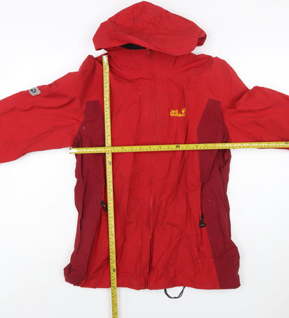 Back view of Jack Wolfskin boys’ red hooded waterproof parka jacket, size 176