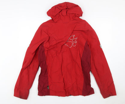 Close-up detail of Jack Wolfskin boys’ red hooded waterproof parka jacket, size 176
