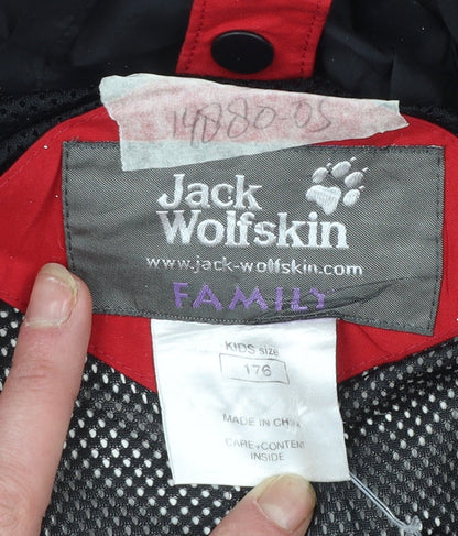 Brand and care label for Jack Wolfskin boys’ red hooded waterproof parka jacket, size 176