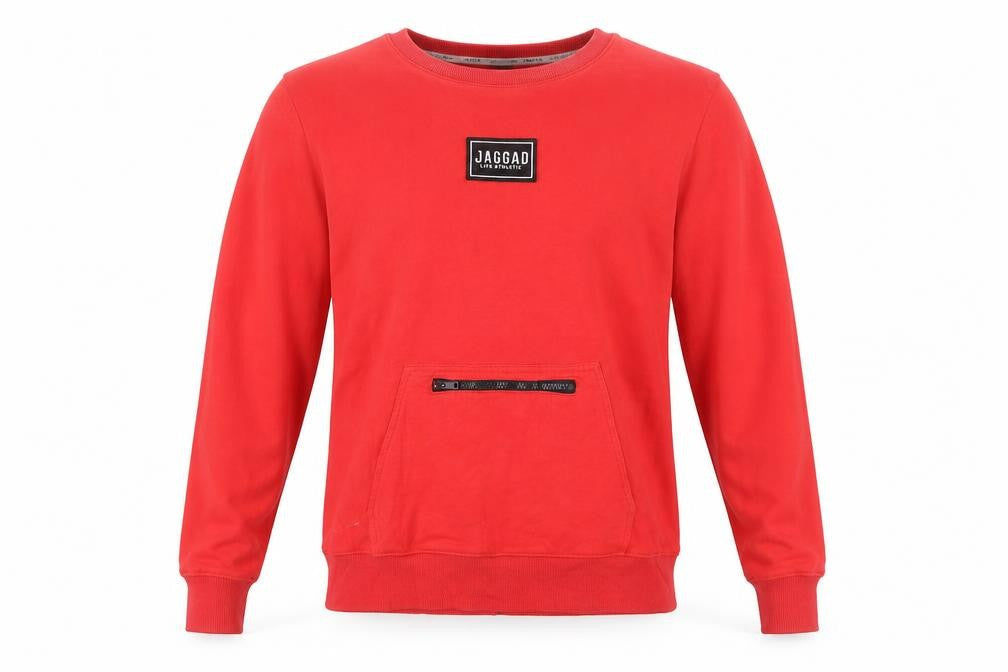 Jaggad Men's Red Crew Neck Pullover Sweatshirt L Logo Zip Pocket