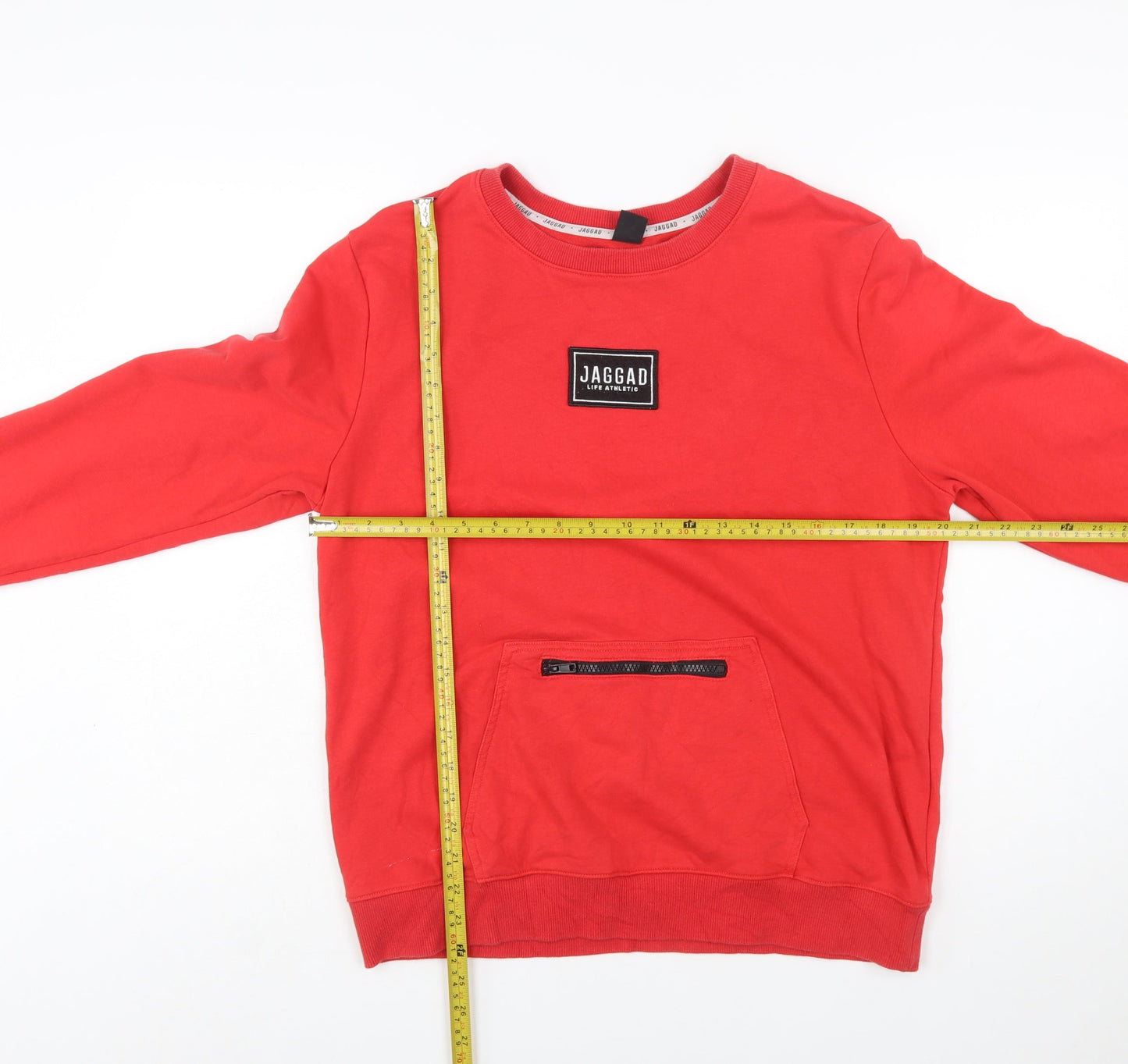 Jaggad Men's Red Crew Neck Pullover Sweatshirt L Logo Zip Pocket