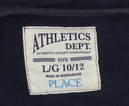 Brand and care label for The Children's Place boys’ navy football sweatshirt l 10-12 crew neck pullover