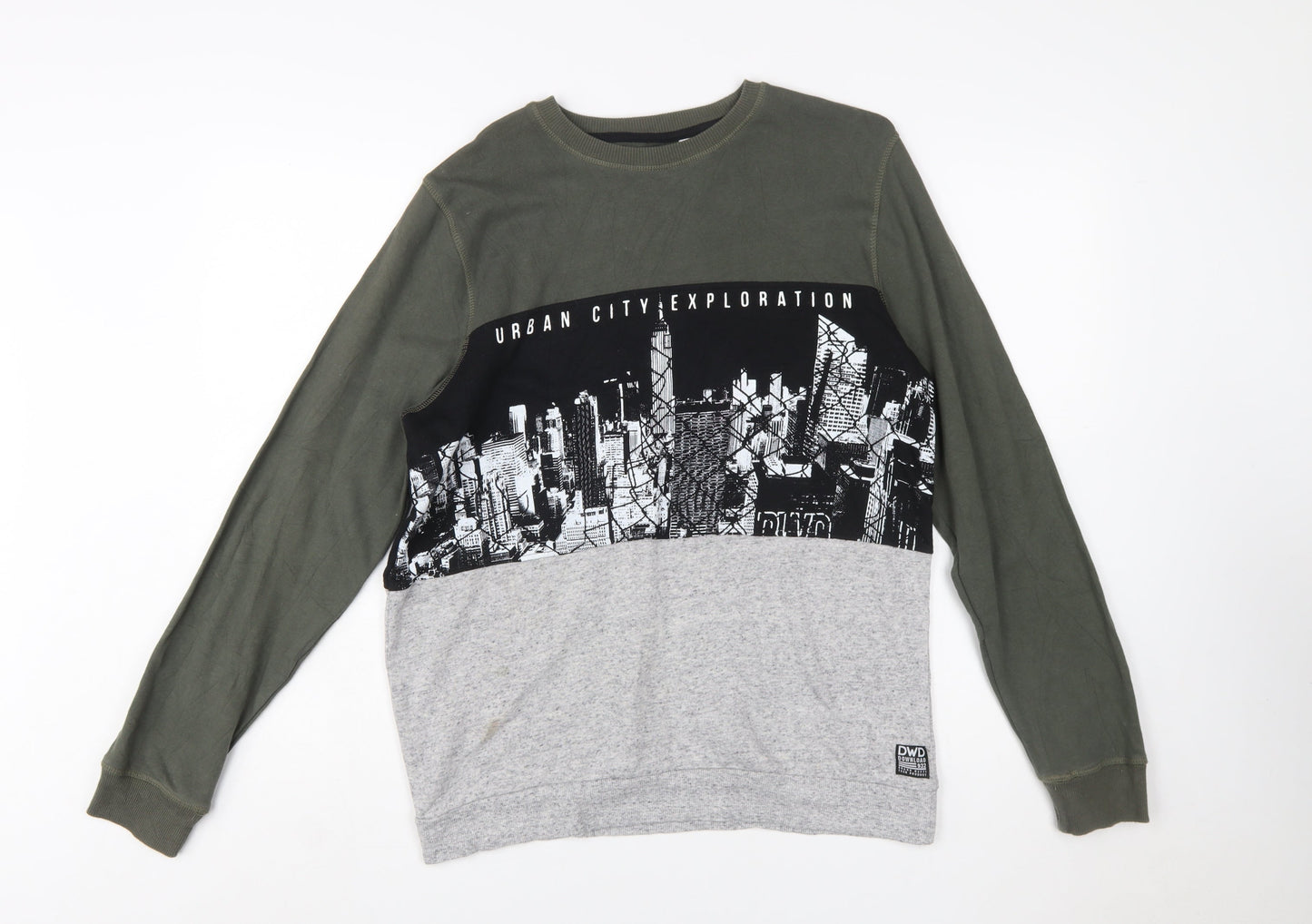C&A DWD Teens Green Black Grey Urban Graphic Pullover Sweatshirt L