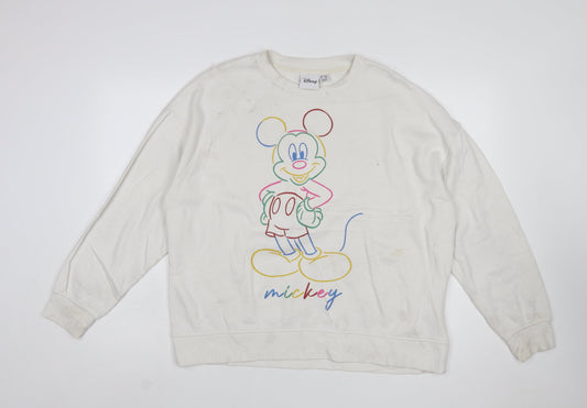 Disney Women White Mickey Mouse Printed Pullover Sweatshirt L