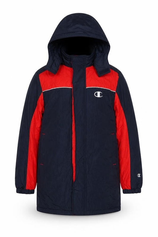 Front view of Champion boys’ blue red hooded winter parka coat 11-12 years