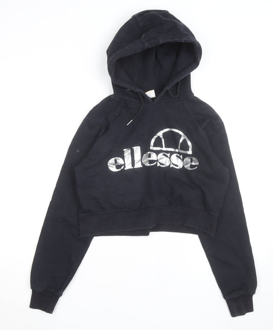 Ellesse Womens Black Cropped Pullover Hoodie UK 10 Logo Print