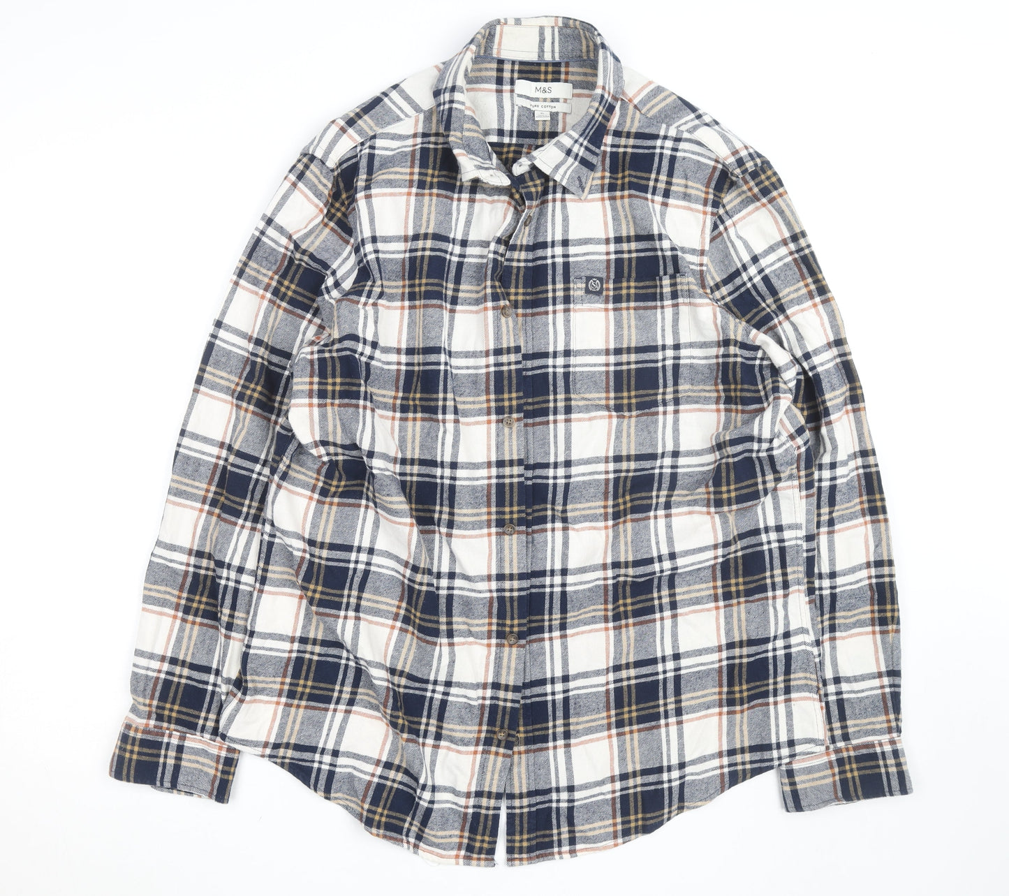 Marks and Spencer Men's Blue Plaid Cotton Flannel Shirt XL