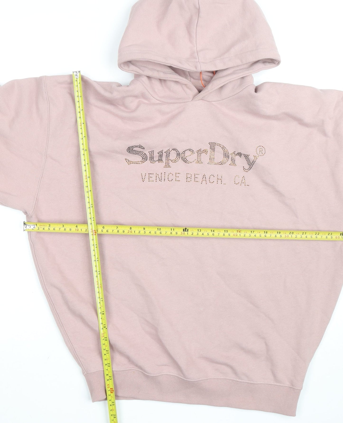 Superdry Womens Pink Hooded Pullover Sweatshirt UK 8 Rhinestone Logo