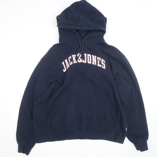 Jack & Jones Men's Blue Pullover Hoodie Size L Graphic Logo Fleece