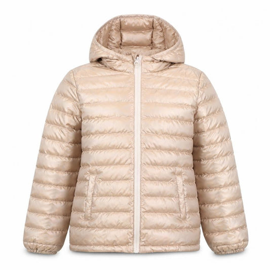 Front view of Mountain Warehouse girls’ beige hooded puffer jacket 13 years water resistant