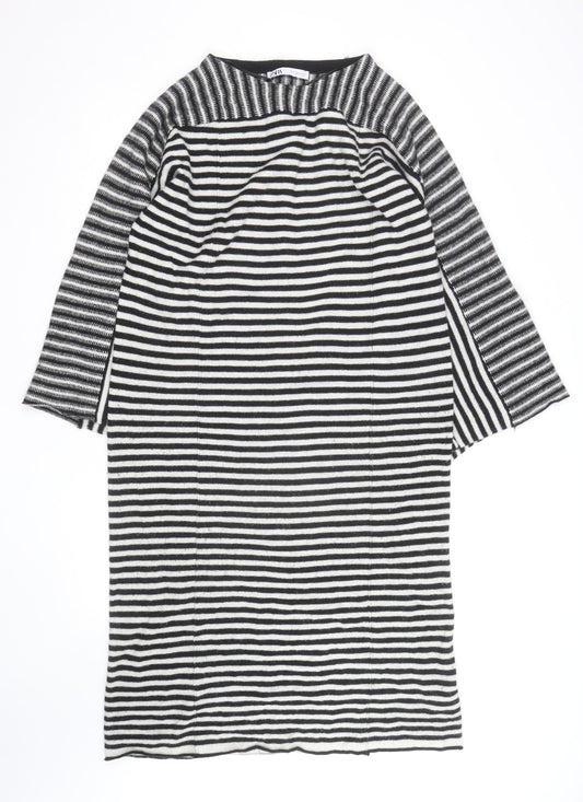 Zara Women Black Striped Wool Knit Shift Dress Size M