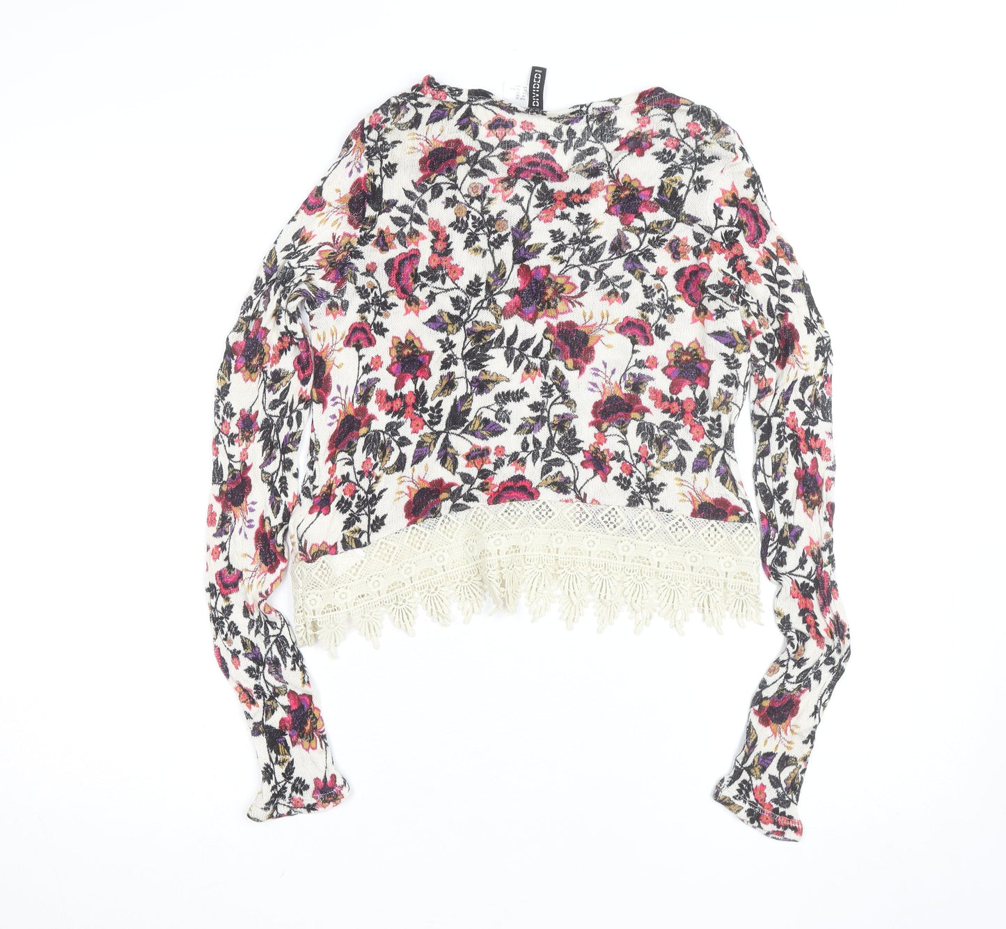H&M Divided Women’s Multicoloured Floral Cropped Knit Lace Hem Long Sleeve Blouse XS
