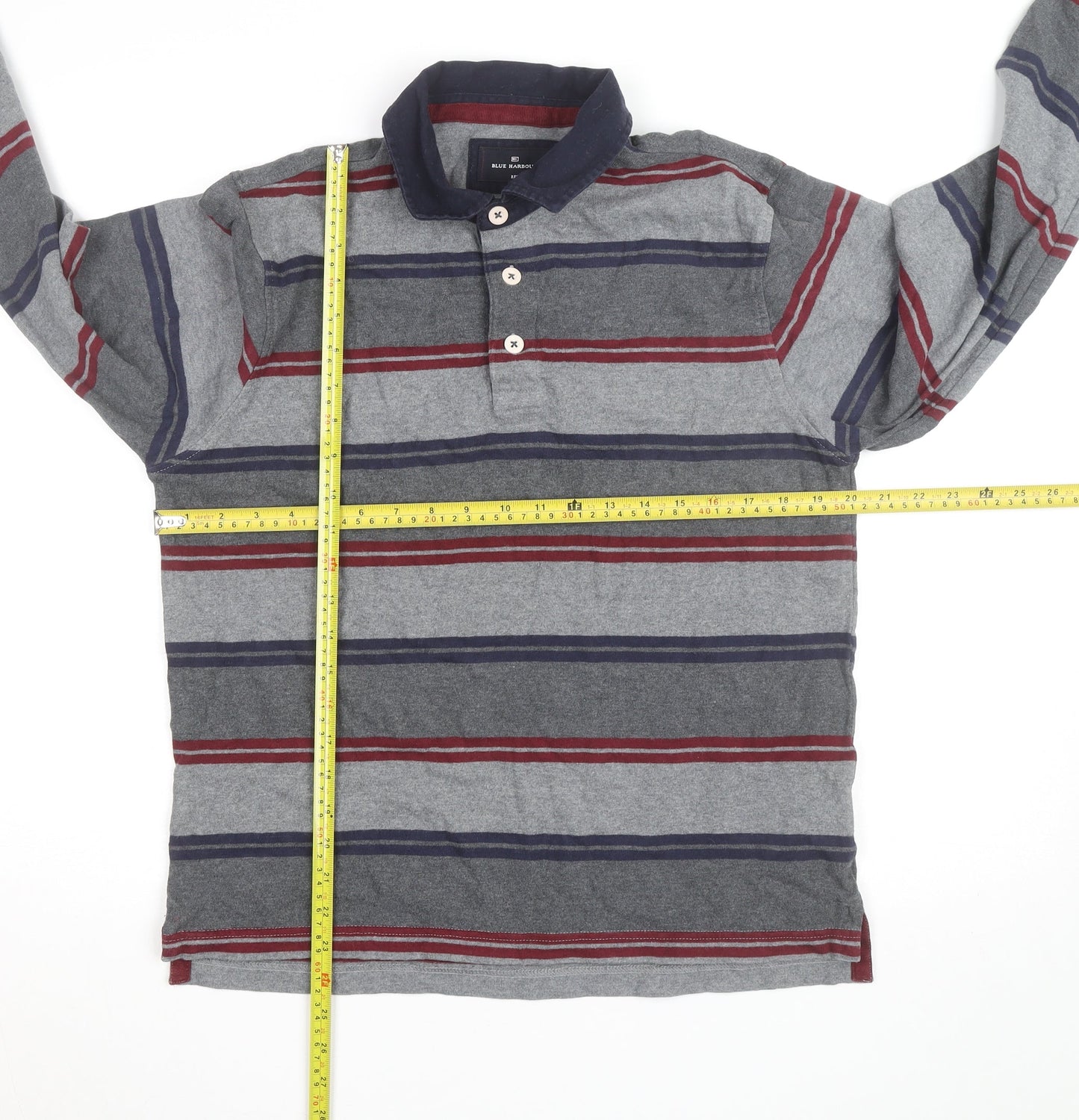 Marks and Spencer Blue Harbour Men's Grey Striped Long Sleeve Regular Fit Shirt S