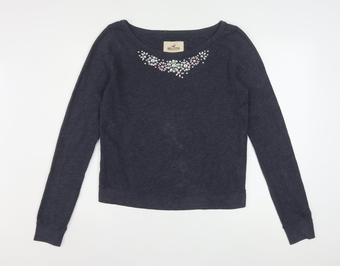 Hollister Women Navy Blue Medium Pullover Sweatshirt with Jewel Accents