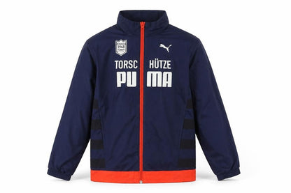 Front view of Puma boys’ blue windbreaker jacket 12 years lightweight full zip sportswear