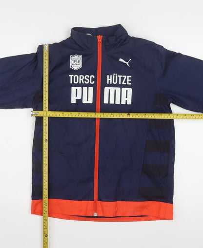 Back view of Puma boys’ blue windbreaker jacket 12 years lightweight full zip sportswear