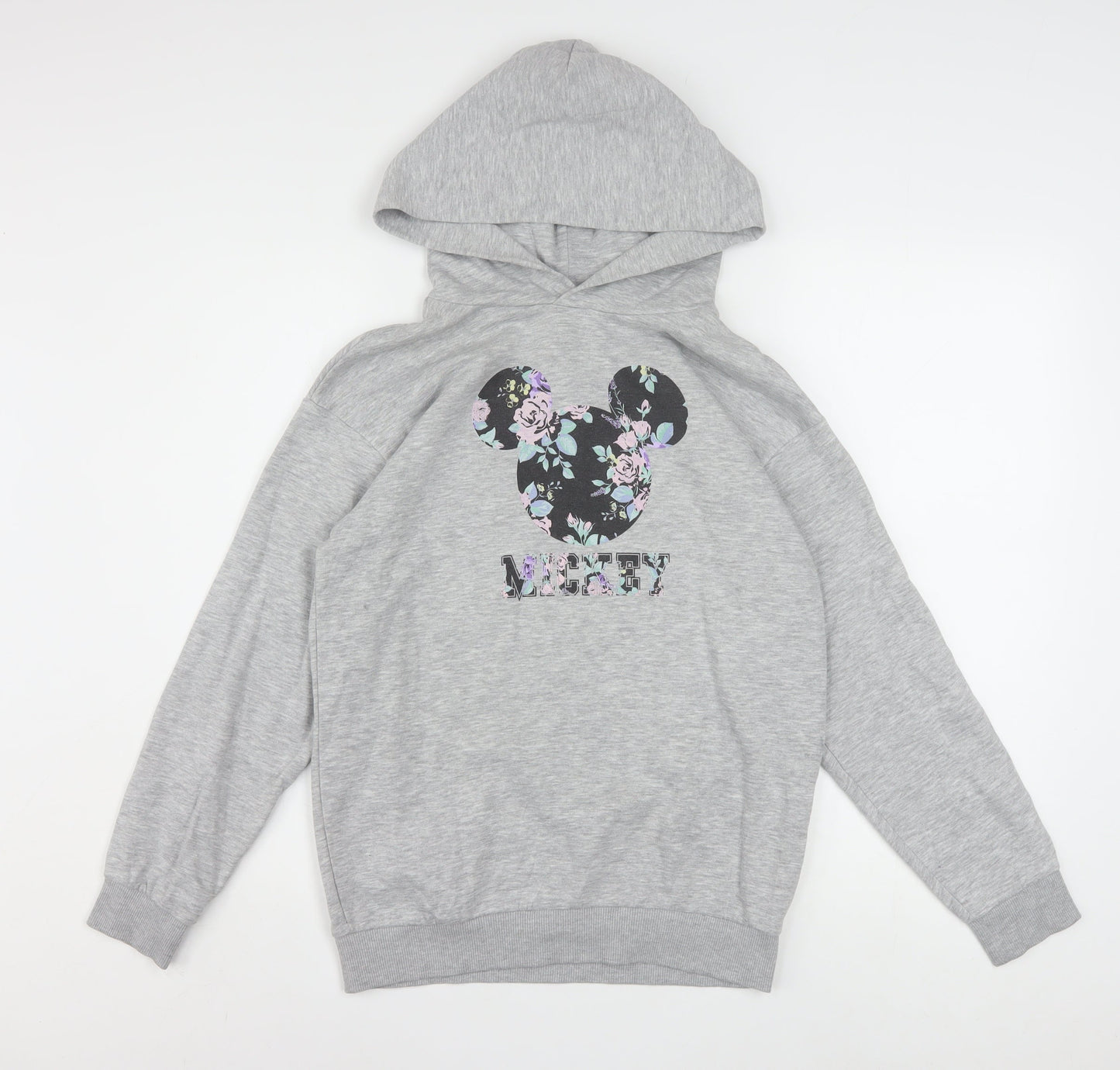 H&M Girls Grey Hoodie 11-12 Years Disney Mickey Floral Cotton Blend Pullover