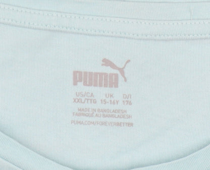 Brand and care label for Puma boys’ blue sleeveless t-shirt 15-16 years sports logo top
