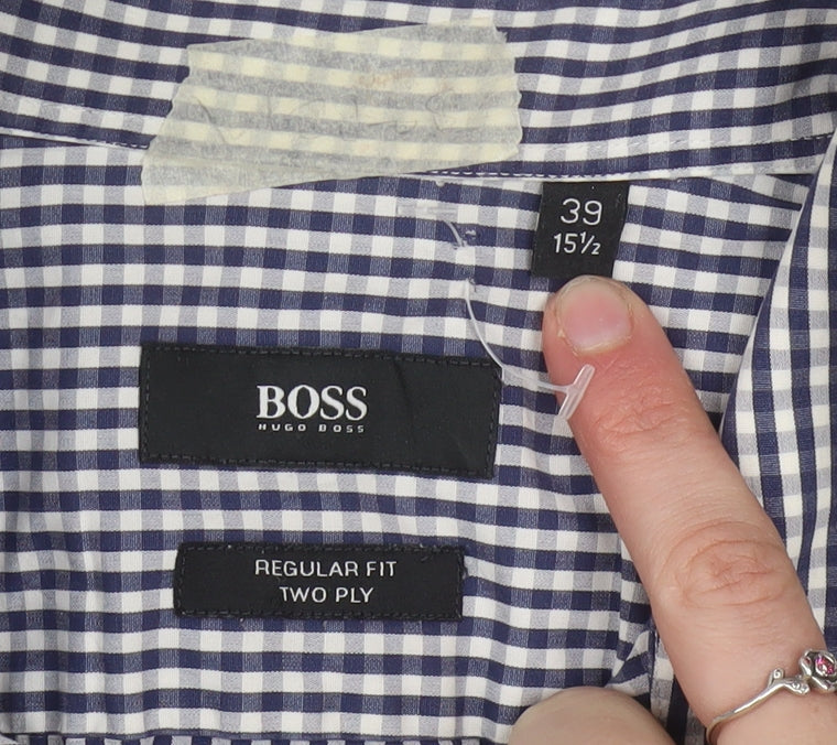 Hugo Boss Men's Blue Check Regular Fit Long Sleeve Cotton Shirt 15.5in