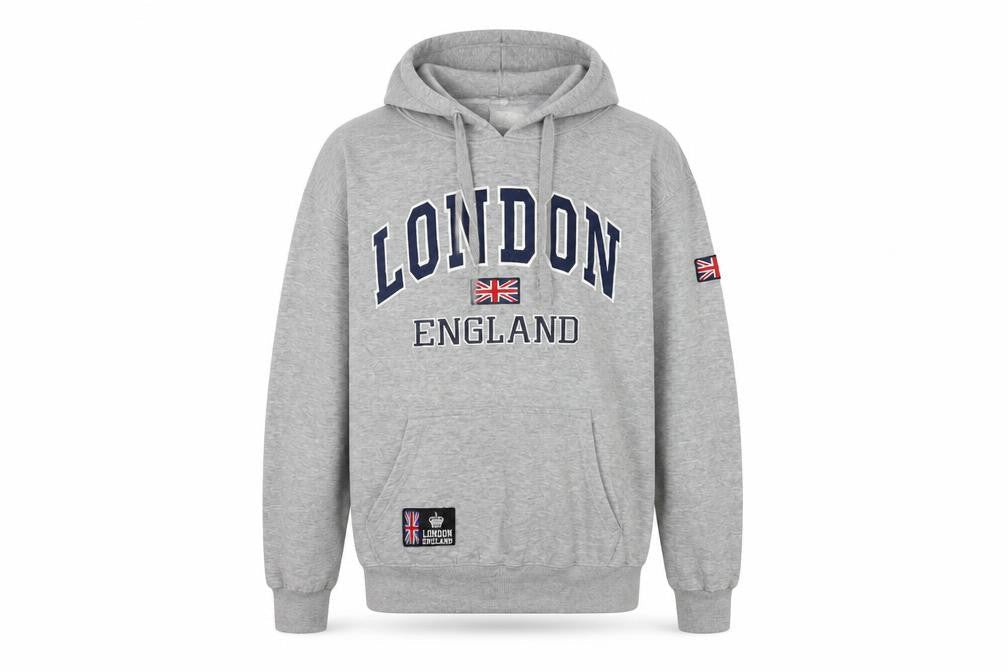 Amazing London Men's Grey Pullover Hoodie L Embroidered Flag Design