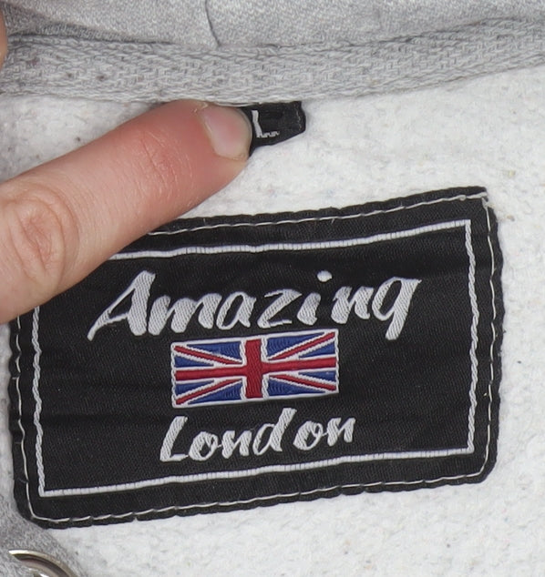 Amazing London Men's Grey Pullover Hoodie L Embroidered Flag Design