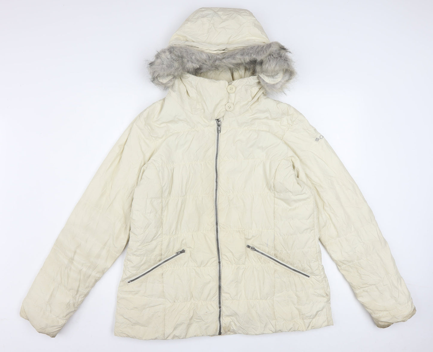 Columbia Women Ivory Hooded Puffer Jacket L Thermal Coil Winter Coat