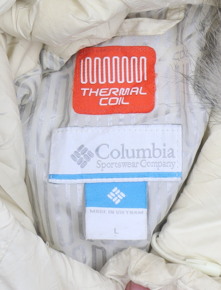 Columbia Women Ivory Hooded Puffer Jacket L Thermal Coil Winter Coat