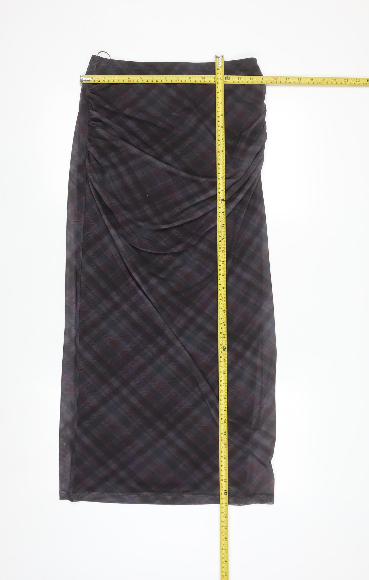 Primark Women Grey Check Ruched Midi Pencil Skirt S