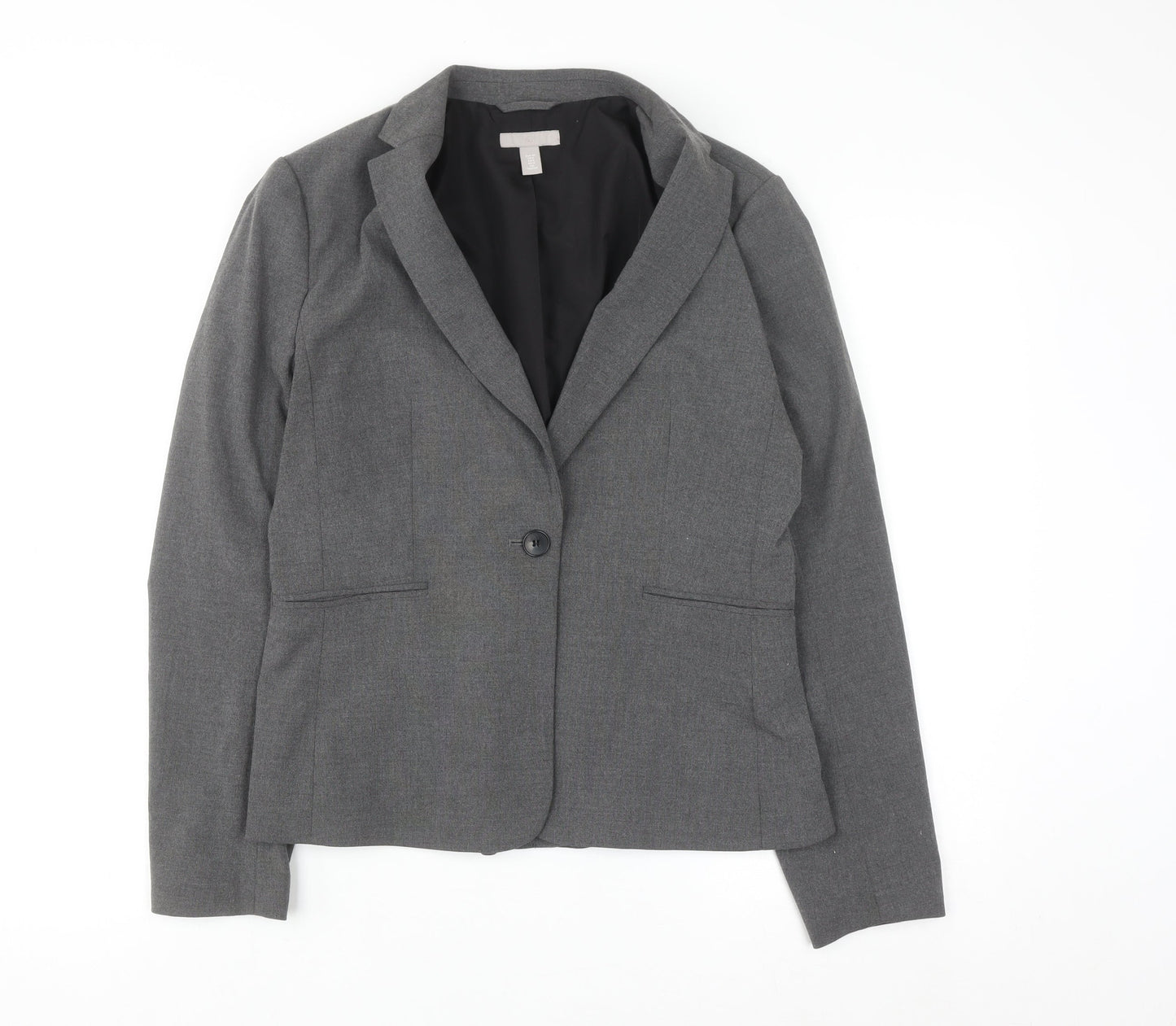 H&M Women Grey One-Button Suit Jacket Size 12 Classic Fit