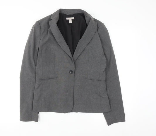 H&M Women Grey One-Button Suit Jacket Size 12 Classic Fit