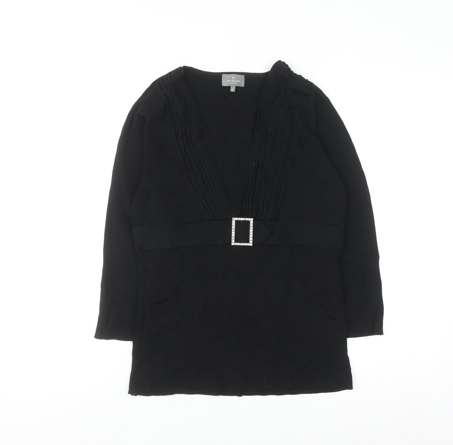 Jeff Banks Women Black Size 12 V-Neck Tunic Jumper with Buckle Detail